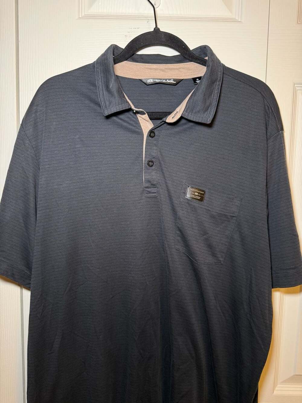 TravisMathew Men's Dark Gray Striped Short Sleeve Polo Shirt with Pocket Size XL
